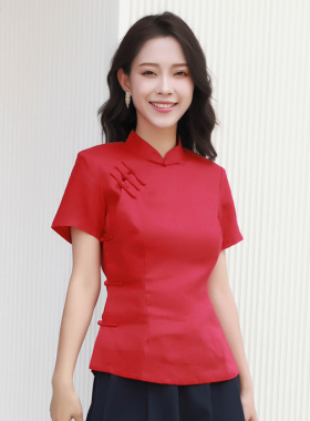 龙妙旗袍上衣夏季 全开襟亚麻短款民国斜襟短袖复古中式女装 红色