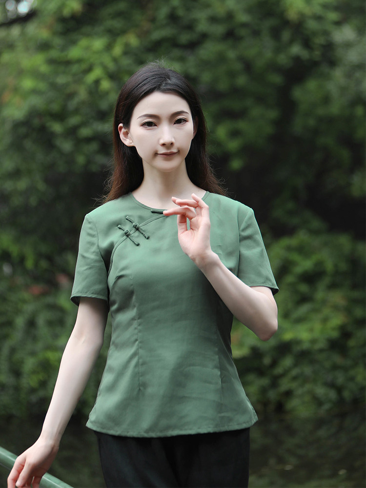 龙妙夏 新款圆领旗袍上衣天丝短袖无领改良民国盘扣中式女装 绿色
