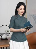 女装 龙妙旗袍上衣夏 高档中式 高品质亚麻改良复古 黛绿 四分中袖
