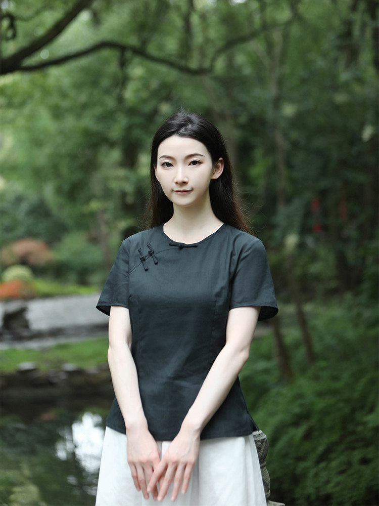 龙妙夏 新款圆领旗袍上衣棉麻短袖无领改良民国盘扣中式女装 小墨