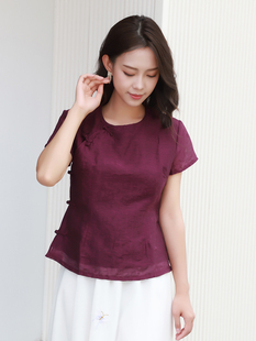 龙妙圆领旗袍上衣夏天丝亚麻民国复古短袖无领盘扣中式女装 惜花