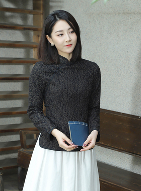 龙妙春秋 旗袍式蕾丝上衣 高端民国盘扣斜襟复古中式女装 黑色