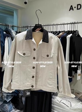 ADD短夹克外套2025早秋新款洋气显瘦领口撞色拼接设计感牛仔外套