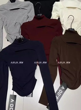 ADD韩版秋冬新款洋气显瘦拼接镂空褶皱设计感长袖加厚打底衫上衣