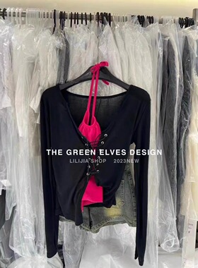 2026春夏新款韩版性感显瘦绑带设计感长袖T恤+挂脖吊带背心两件套