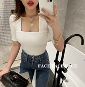 休闲内搭上衣夏季 方领螺纹t恤夏季 百搭修身 显瘦短袖 新款 韩版