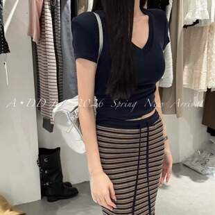 ADD套装2026夏季新款韩版纯欲修身显瘦v领短袖T恤+条纹半身裙长裙