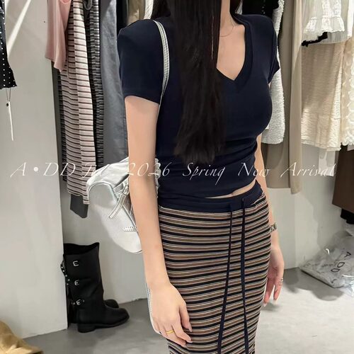 韩版纯欲显瘦v领短袖T恤半身长裙