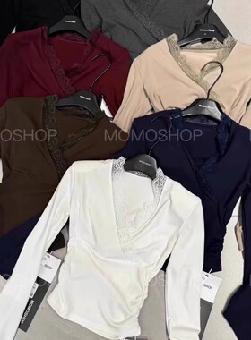 2025春季新款韩版纯欲显瘦拼接蕾丝设计感v领长袖正肩T恤打底衫女