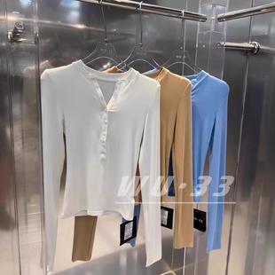 wu.33韩版 新款 纯欲显瘦排扣设计感v领正肩T恤纯色打底衫 2025春季