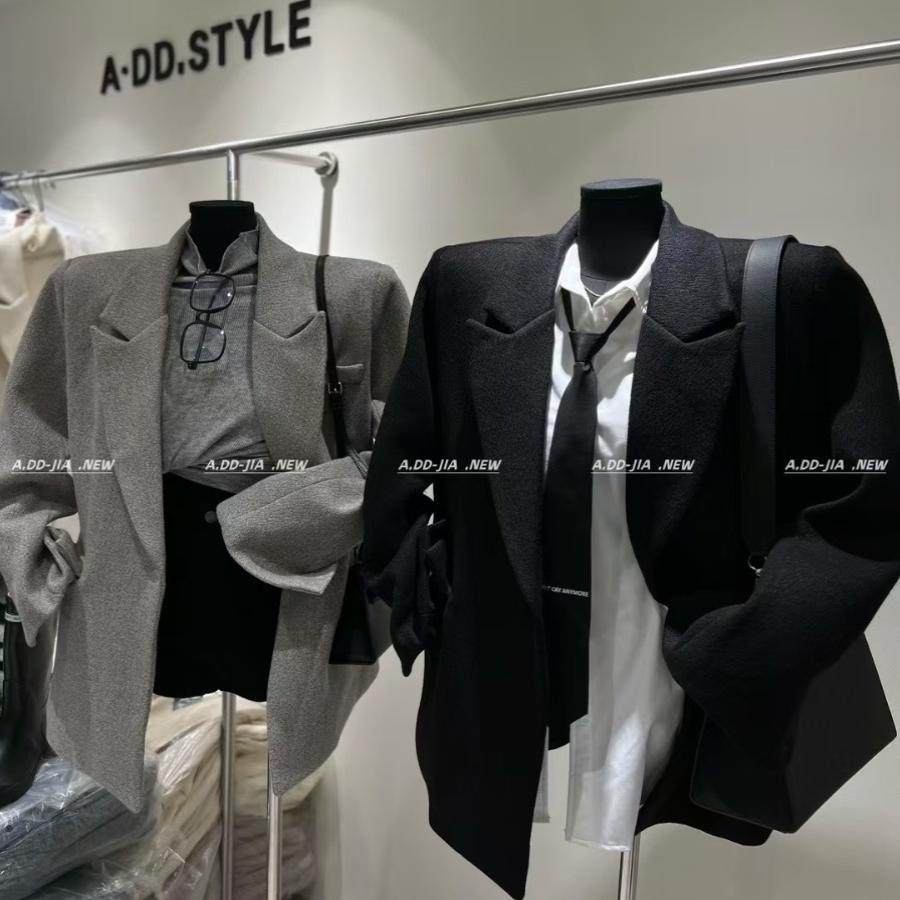 ADD韩版冬季新款气质显瘦设计感毛呢西装外套纯色宽松西服上衣女