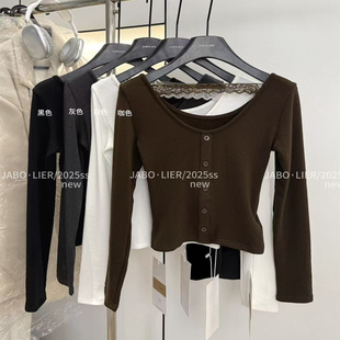 辣妹上衣25秋冬性感修身 显瘦镂空拼接蕾丝设计感v领T恤加绒打底衫