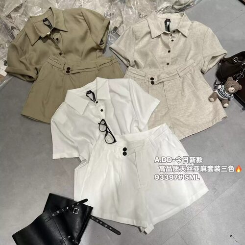 夏季亚麻单排扣短袖短裤两件套女