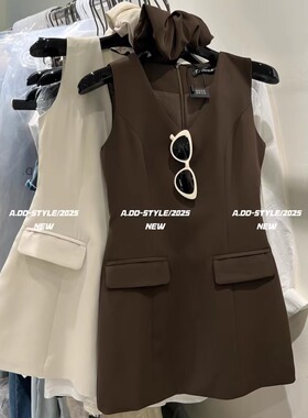 ADD西装连衣裙2025夏季新款气质收腰显瘦口袋设计感v领背心裙短裙