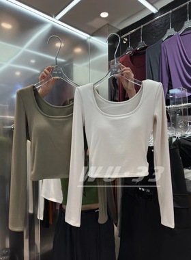 方领上衣女2025秋季新款韩版修身显瘦设计感长袖T恤短款wu.33内搭