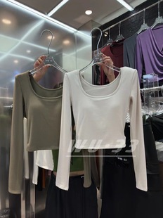 新款 T恤短款 韩版 显瘦设计感长袖 wu.33内搭 修身 方领上衣女2025秋季