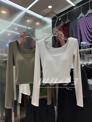 方领上衣女2025秋季新款韩版修身显瘦设计感长袖T恤短款wu.33内搭