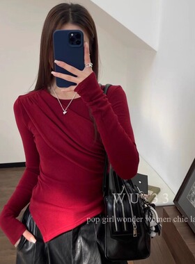 wu33加绒打底衫2025冬季新款洋气修身显瘦不规则设计感圆领T恤女