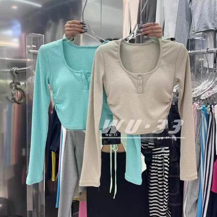 wu.33韩版冬季新款纯欲显瘦掐腰褶皱设计感u领打底衫正肩T恤上衣