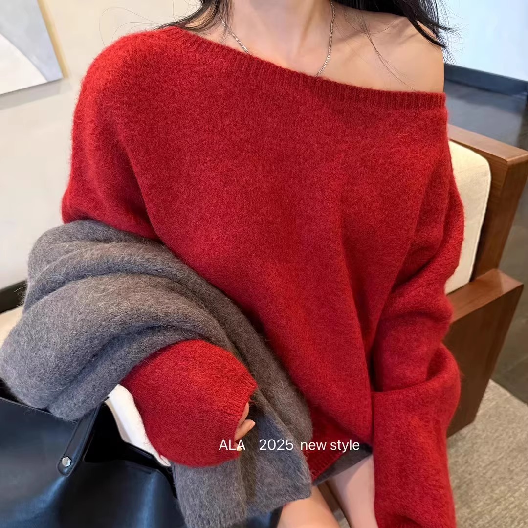 纯欲显瘦斜肩设计感兔绒毛衣针织