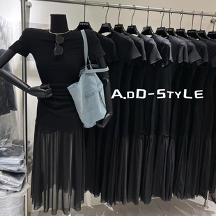 气质显瘦拼接网纱设计感短袖 连衣裙 韩版 ADD黑色长裙2026春夏新款