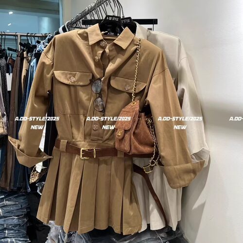 洋气显瘦工装风衬衫连衣裙百褶裙