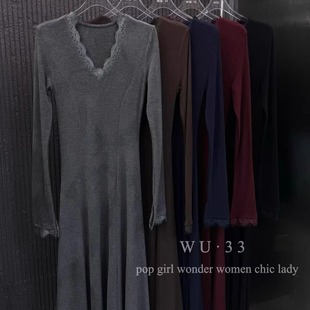 wu33羊绒长裙2025秋冬新款 连衣裙 纯欲显瘦蕾丝花边设计感v领长袖