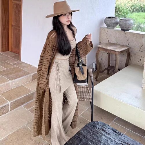 百搭宽松显瘦中长款镂空针织外套