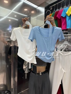 韩版 气质显瘦设计感短袖 新款 wu.33方领上衣2024夏季 T恤配蕾丝飘带