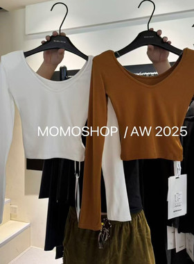 Momo纯色打底衫2025秋季新款百搭显瘦前后两穿设计感长袖垫肩T恤