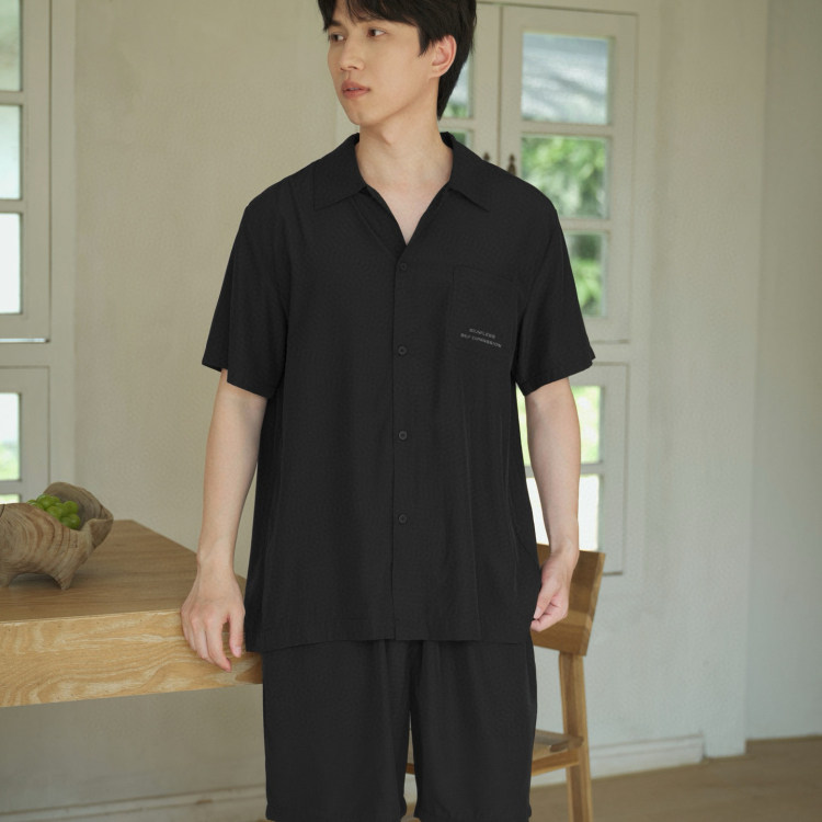 创五季睡衣男2025春夏款棉麻小翻领短袖短裤简约居家套装男士5057