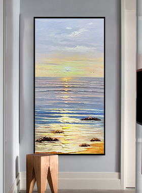 手绘立体油画玄关装饰画简约客厅走廊过道挂画大海风景画一帆风顺