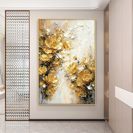 金色心如意手绘油画玄关装饰画抽象客厅沙发背景墙挂画走廊肌理画