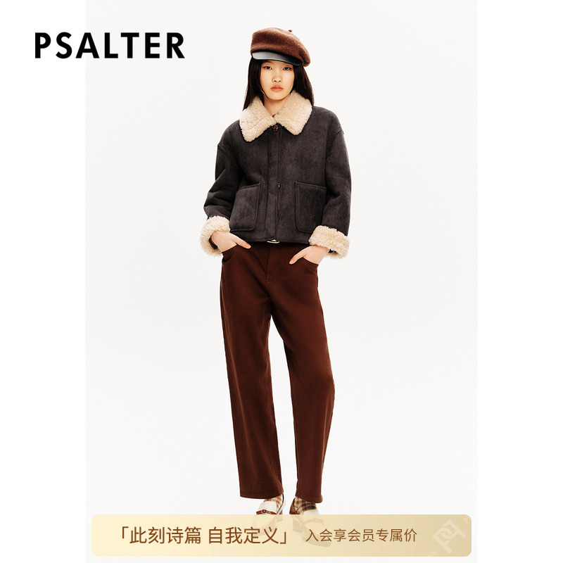 PSALTER诗篇学院风减龄翻领短款绵羊毛内里皮草外套冬款