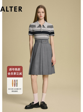 诗篇专选灰色条纹Polo翻领短袖拼接百褶连衣裙2025秋季新款