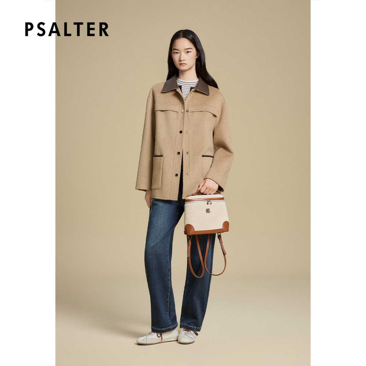 诗篇专选撞色皮质翻领巴恩风双面毛呢外套2025冬季新款