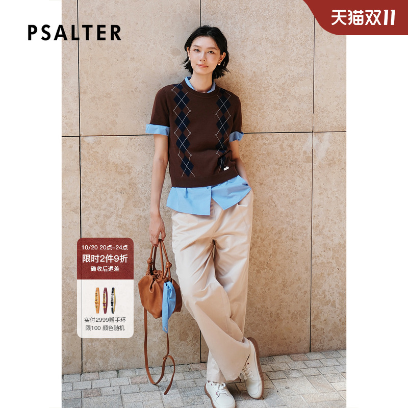 PSALTER诗篇美丽诺羊毛复古撞色菱格修身短款针织衫2025秋季新款