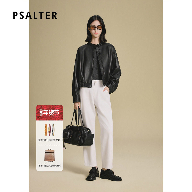 诗篇专选复古翻领松紧腰经典黑色机车单皮夹克女皮衣外套