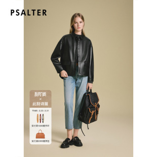 诗篇专选翻领落肩绵羊皮纯色真皮夹克休闲风长袖 黑色皮衣 女装