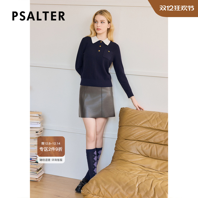 诗篇专选肌理感撞色POLO领藏蓝色复古学院风毛针织衫上衣秋冬