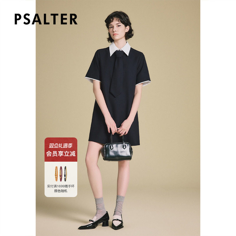 PSALTER诗篇学院风领带拼色翻领短袖直身廓形连衣裙2025春
