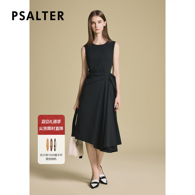 诗篇专选小个子黑色设计感无袖捏褶小黑裙2025夏季新款