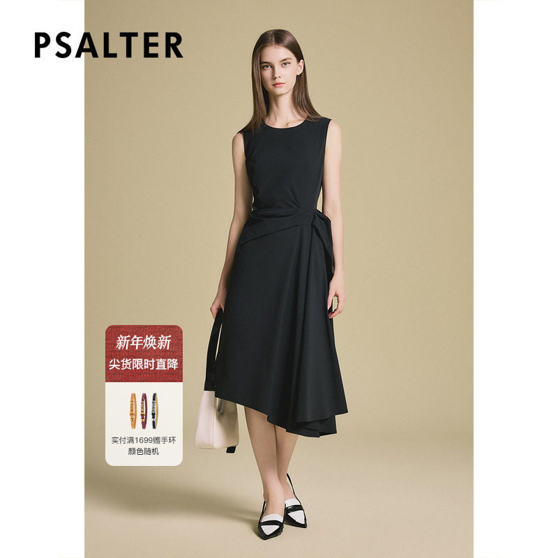 诗篇专选小个子黑色设计感无袖捏褶小黑裙2025夏季新款