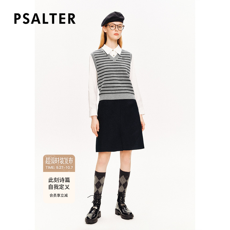 [唯品]PSALTER诗篇衬衫拼接连衣裙v领条纹针织背心学院两件套冬款