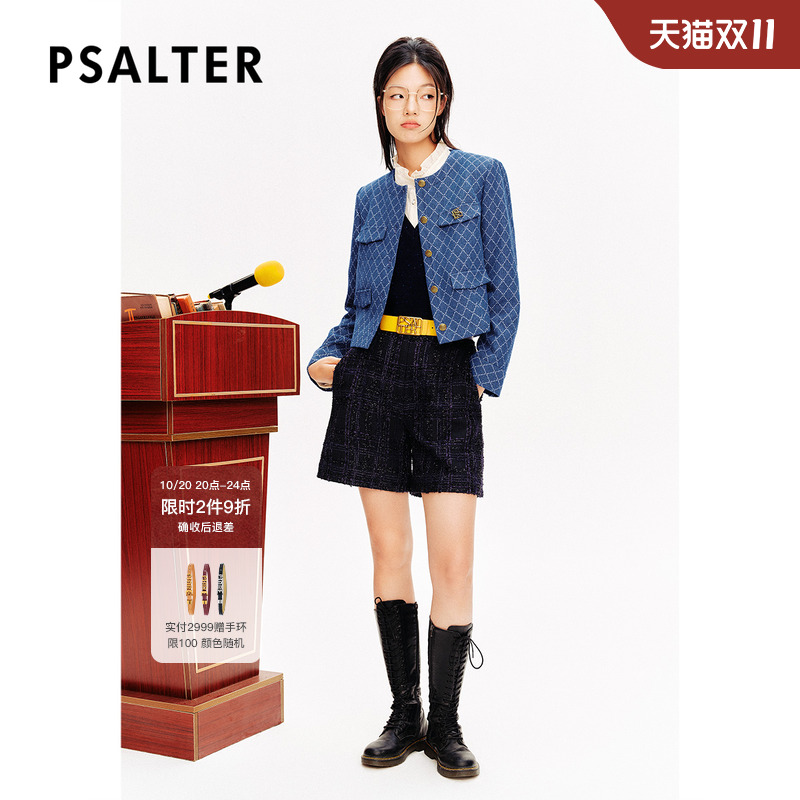 PSALTER诗篇宽松圆领学院风格纹短款牛仔外套春款
