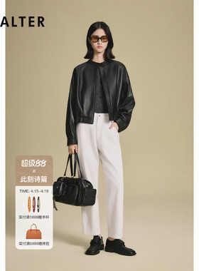 【机车单皮】诗篇专选复古翻领松紧腰经典黑色夹克设计感女装皮衣