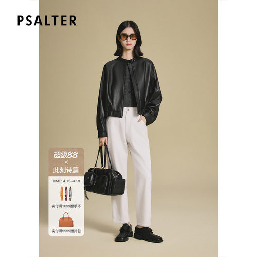 【机车单皮】诗篇专选复古翻领松紧腰经典黑色夹克设计感女装皮衣