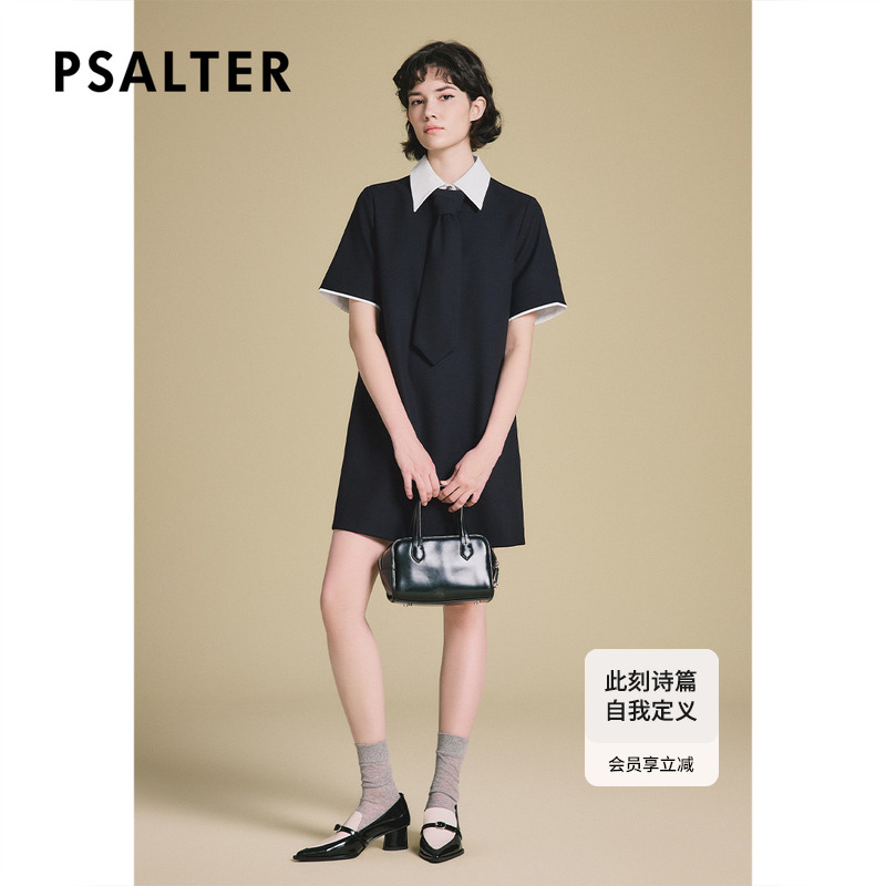 PSALTER诗篇学院风领带拼色翻领短袖直身廓形连衣裙2025春