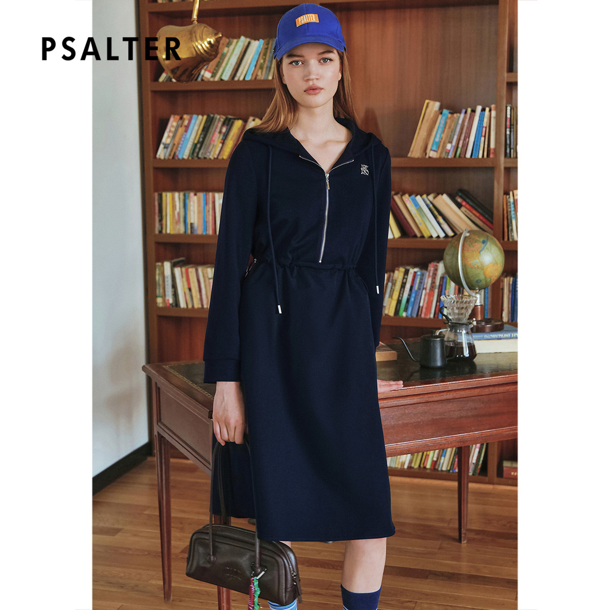 诗篇专选休闲时尚外穿长款抽绳收腰拉链连帽连衣裙春款