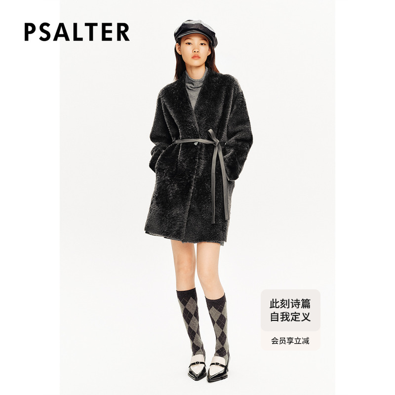 PSALTER诗篇皮毛一体显瘦V领绵羊皮腰带中长款皮草外套冬款